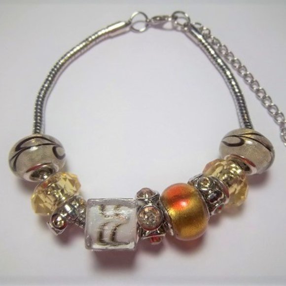 Charm Beaded Bracelet Gold and Tan Glass Metal Lined - Picture 1 of 1
